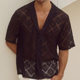 Fashion Mens Clothing Men's Hollow-out Breathable Short-sleeved Lapel Casual Shirt (Option: Black-M)