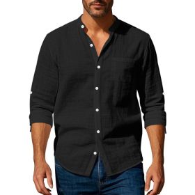 Long Sleeve Stand Collar Shirt With Pockets Casual Men's Clothing (Option: Black-S)