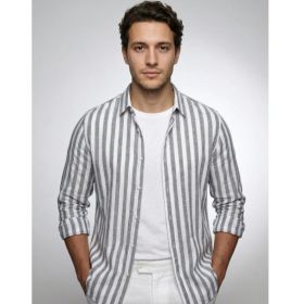 Striped Print Shirt Casual Loose Long-sleeved Shirt Men's Clothing (Option: HDCS016 Light Gray-XL)