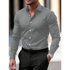 Men's Shirt Business Button Down Shirt Summer Solid Color Long Sleeve Lapel Vacation Shirt Fashion Temperament Casual Tops (Option: Light Grey-XL)