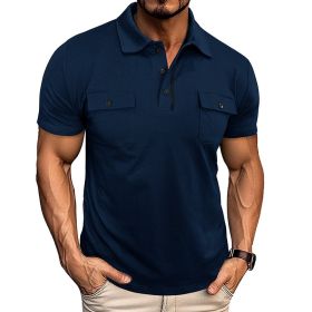 Summer Lapel Button Polo Shirt With Pockets Outdoor Fashion Short Sleeve Tops For Men Clothing (Option: Navy Blue-M)