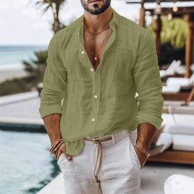 Men's Solid Color Cotton Linen Shirt Casual Style Long Sleeve (Option: Army Green-M)