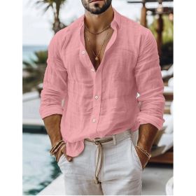 Men's Solid Color Cotton Linen Shirt Casual Style Long Sleeve (Option: Pink-S)