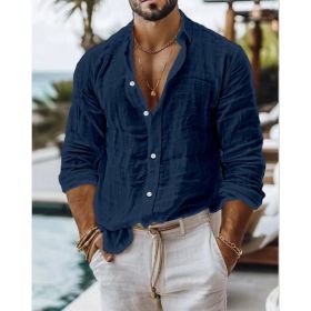 Men's Solid Color Cotton Linen Shirt Casual Style Long Sleeve (Option: Dark Blue 2-M)