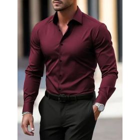 Men's Shirt Business Button Down Shirt Summer Solid Color Long Sleeve Lapel Vacation Shirt Fashion Temperament Casual Tops (Option: Wine Red-XS)