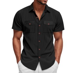 Loose Heavy Lapel Corduroy Workwear Short Sleeve Shirt (Option: Black-S)