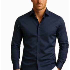 Men's Shirt Business Button Down Shirt Summer Solid Color Long Sleeve Lapel Vacation Shirt Fashion Temperament Casual Tops (Option: Navy Blue 2-XXL)