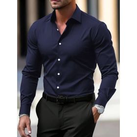 Men's Shirt Business Button Down Shirt Summer Solid Color Long Sleeve Lapel Vacation Shirt Fashion Temperament Casual Tops (Option: Navy Blue-XS)