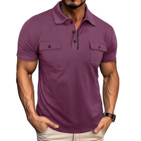 Summer Lapel Button Polo Shirt With Pockets Outdoor Fashion Short Sleeve Tops For Men Clothing (Option: Purplish Red-M)