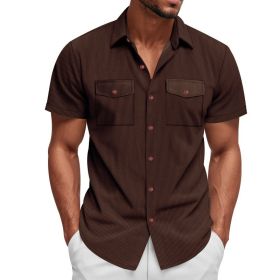 Loose Heavy Lapel Corduroy Workwear Short Sleeve Shirt (Option: Brown-S)