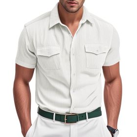Loose Heavy Lapel Corduroy Workwear Short Sleeve Shirt (Option: White-M)