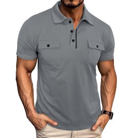 Summer Lapel Button Polo Shirt With Pockets Outdoor Fashion Short Sleeve Tops For Men Clothing (Option: Light Gray-L)