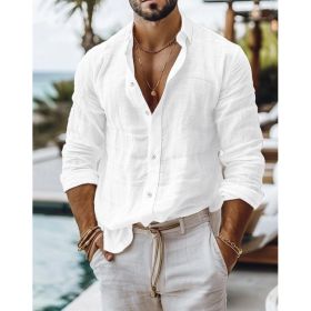 Men's Solid Color Cotton Linen Shirt Casual Style Long Sleeve (Option: White-M)