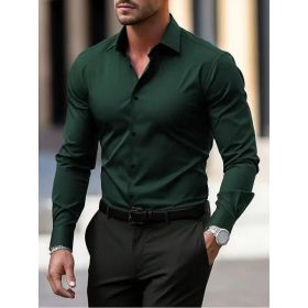 Men's Shirt Business Button Down Shirt Summer Solid Color Long Sleeve Lapel Vacation Shirt Fashion Temperament Casual Tops (Option: Dark Green-S)