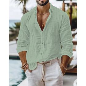 Men's Solid Color Cotton Linen Shirt Casual Style Long Sleeve (Option: Light green-M)
