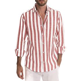 Striped Print Shirt Casual Loose Long-sleeved Shirt Men's Clothing (Option: Red-XXL)