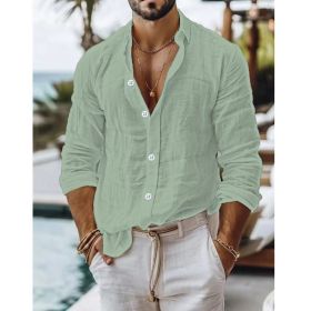 Men's Solid Color Cotton Linen Shirt Casual Style Long Sleeve (Option: Bean green with white buttons-XXXL)