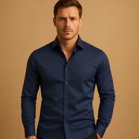 Men's Shirt Business Button Down Shirt Summer Solid Color Long Sleeve Lapel Vacation Shirt Fashion Temperament Casual Tops (Option: Blue-XXXL)