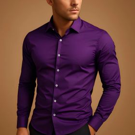 Men's Shirt Business Button Down Shirt Summer Solid Color Long Sleeve Lapel Vacation Shirt Fashion Temperament Casual Tops (Option: Purple  A-XXXL)
