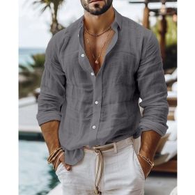 Men's Solid Color Cotton Linen Shirt Casual Style Long Sleeve (Option: Gray-M)
