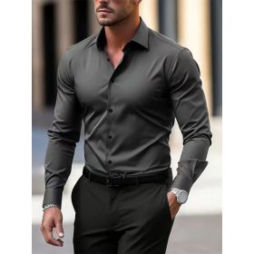 Men's Shirt Business Button Down Shirt Summer Solid Color Long Sleeve Lapel Vacation Shirt Fashion Temperament Casual Tops (Option: Lead Gray-S)