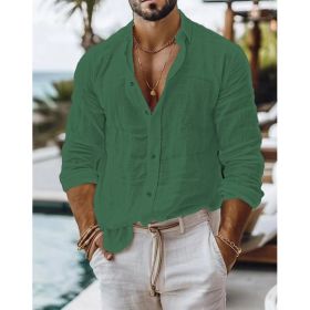 Men's Solid Color Cotton Linen Shirt Casual Style Long Sleeve (Option: Green-M)