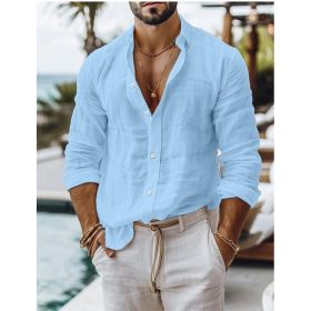 Men's Solid Color Cotton Linen Shirt Casual Style Long Sleeve (Option: Sky blue-M)