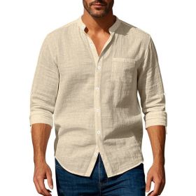 Long Sleeve Stand Collar Shirt With Pockets Casual Men's Clothing (Option: Khaki-M)