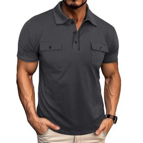 Summer Lapel Button Polo Shirt With Pockets Outdoor Fashion Short Sleeve Tops For Men Clothing (Option: Dark Gray-L)