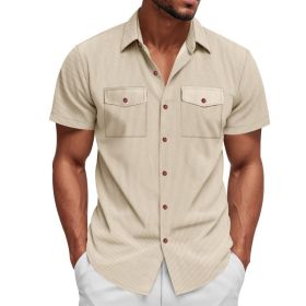 Loose Heavy Lapel Corduroy Workwear Short Sleeve Shirt (Option: Apricot-M)