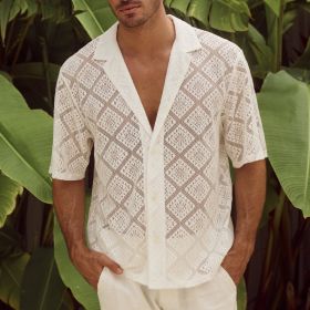 Fashion Mens Clothing Men's Hollow-out Breathable Short-sleeved Lapel Casual Shirt (Option: White-L)