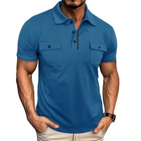 Summer Lapel Button Polo Shirt With Pockets Outdoor Fashion Short Sleeve Tops For Men Clothing (Option: Blue-L)
