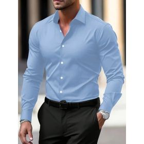 Men's Shirt Business Button Down Shirt Summer Solid Color Long Sleeve Lapel Vacation Shirt Fashion Temperament Casual Tops (Option: Sky Blue-XXXL)