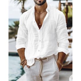 Men's Solid Color Cotton Linen Shirt Casual Style Long Sleeve (Option: White-XXL)
