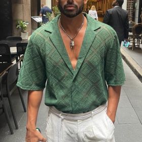 Fashion Mens Clothing Men's Hollow-out Breathable Short-sleeved Lapel Casual Shirt (Option: Green-XL)