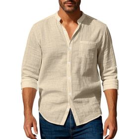 Long Sleeve Stand Collar Shirt With Pockets Casual Men's Clothing (Option: Khaki-L)
