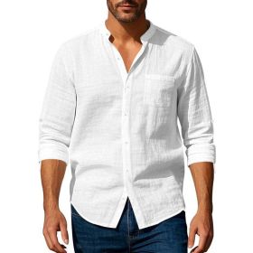 Long Sleeve Stand Collar Shirt With Pockets Casual Men's Clothing (Option: White-L)