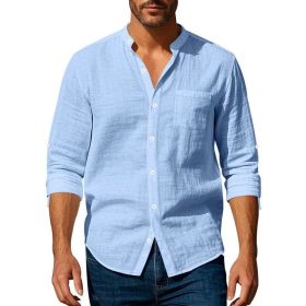 Long Sleeve Stand Collar Shirt With Pockets Casual Men's Clothing (Option: Light Blue-L)