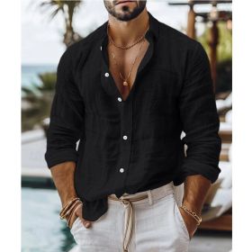 Men's Solid Color Cotton Linen Shirt Casual Style Long Sleeve (Option: Black-XXXL)