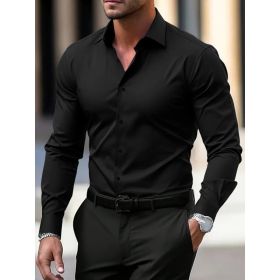 Men's Shirt Business Button Down Shirt Summer Solid Color Long Sleeve Lapel Vacation Shirt Fashion Temperament Casual Tops (Option: Black-XXXL)