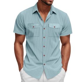 Loose Heavy Lapel Corduroy Workwear Short Sleeve Shirt (Option: Light Blue-L)