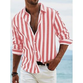 Striped Print Shirt Casual Loose Long-sleeved Shirt Men's Clothing (Option: HDCS05 Red-L)