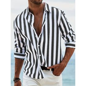 Striped Print Shirt Casual Loose Long-sleeved Shirt Men's Clothing (Option: HDCS05 Black-L)