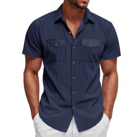 Loose Heavy Lapel Corduroy Workwear Short Sleeve Shirt (Option: Navy Blue-L)
