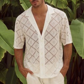 Fashion Mens Clothing Men's Hollow-out Breathable Short-sleeved Lapel Casual Shirt (Option: White-XL)