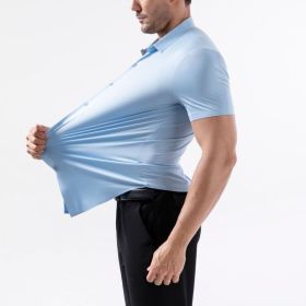 Four-side High Elastic Shirt Men's Short Sleeve Non-ironing Anti-wrinkle (Option: Light Blue-XXXL)