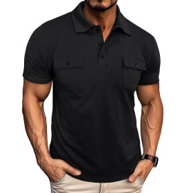 Summer Lapel Button Polo Shirt With Pockets Outdoor Fashion Short Sleeve Tops For Men Clothing (Option: Black-XL)
