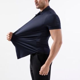 Four-side High Elastic Shirt Men's Short Sleeve Non-ironing Anti-wrinkle (Option: Navy Blue-M)