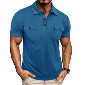 Summer Lapel Button Polo Shirt With Pockets Outdoor Fashion Short Sleeve Tops For Men Clothing (Option: Blue-XL)