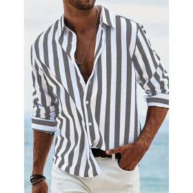 Striped Print Shirt Casual Loose Long-sleeved Shirt Men's Clothing (Option: HDCS05 Dark Gray-L)